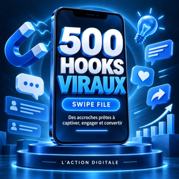 Couverture de l’ebook « 500 Hooks Viraux » affichée sur un smartphone