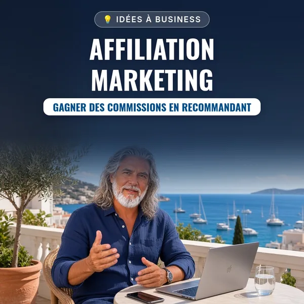 Couverture de l’ebook « Affiliation Marketing : gagner des commissions en recommandant » : Jean-Philippe, en chemise bleu marine, explique devant un ordinateur portable sur une terrasse face à la mer