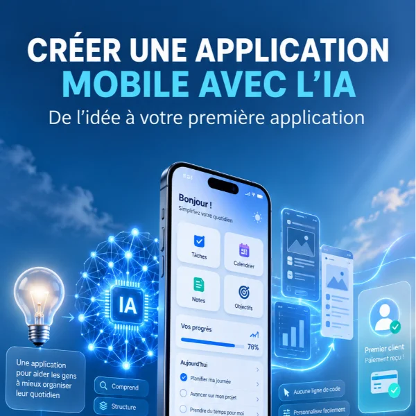Couverture « Créer une application mobile avec l’IA » avec des maquettes d’application sur smartphone