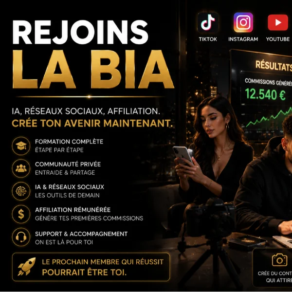 Visuel « Rejoins la BIA » : programme BIA Business sur l’IA, les réseaux sociaux et l’affiliation