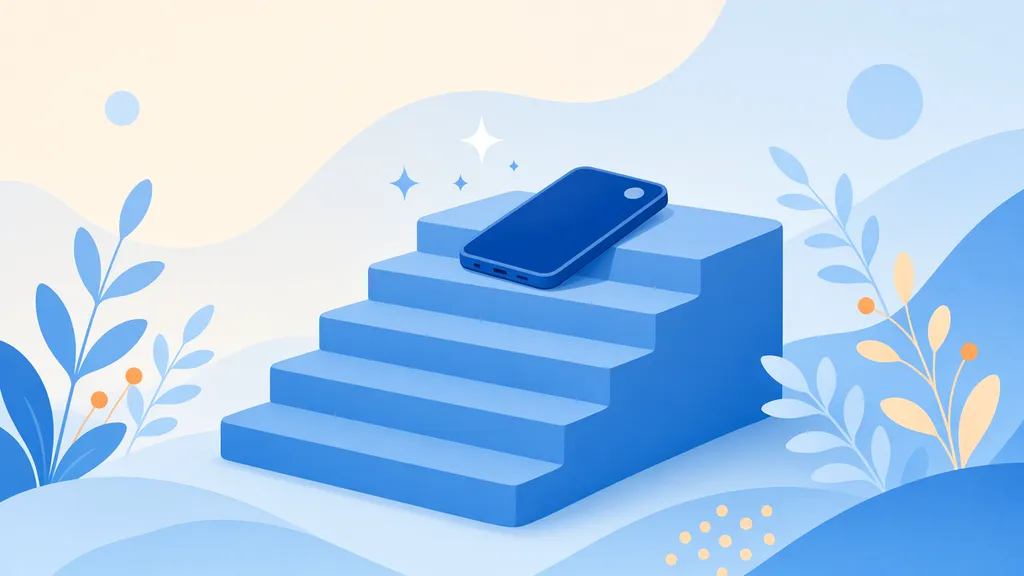 Illustration d'un petit escalier de marches bleues avec un téléphone posé en haut, symbole de progression