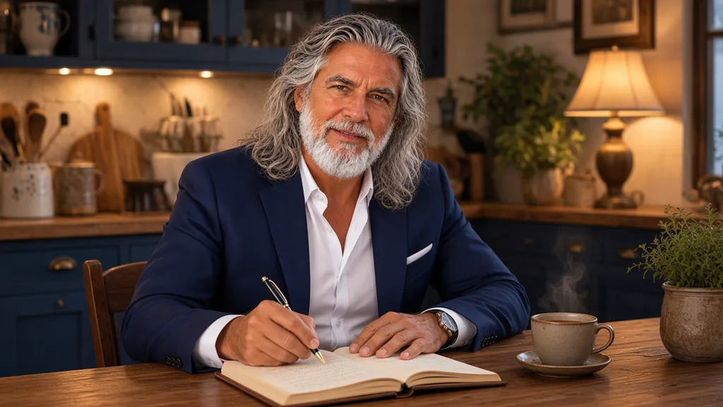 Jean-Philippe assis à la table de sa cuisine, en train d'écrire dans un carnet à côté d'une tasse de café