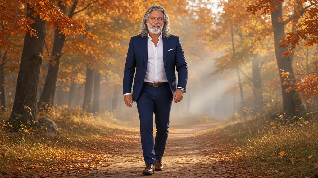 Jean-Philippe marchant tranquillement sur un chemin de forêt en automne, entouré d'arbres aux feuilles orangées