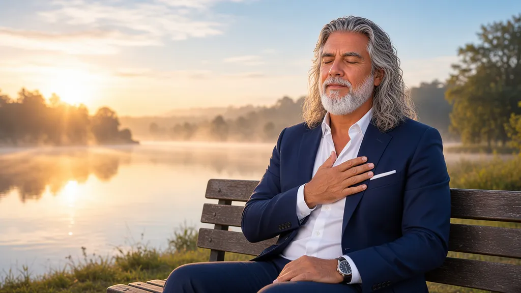 Jean-Philippe assis sur un banc au bord d'un lac au lever du soleil, les yeux fermés, une main sur la poitrine, en train de respirer calmement