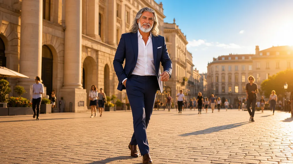 Jean-Philippe marchant d'un pas assuré sur une grande place ensoleillée, au milieu des passants