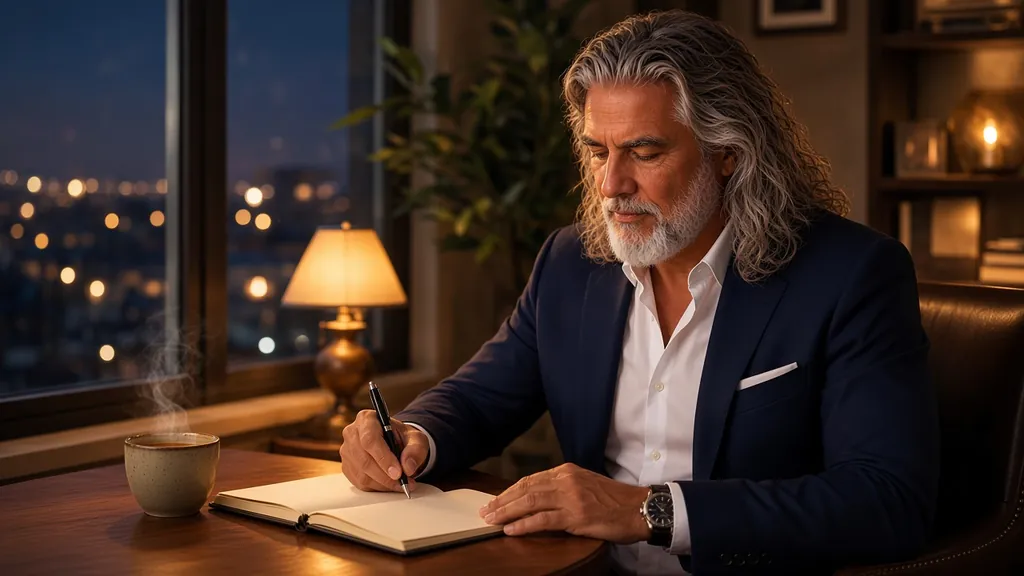 Jean-Philippe écrit dans un carnet le soir, à la lumière d'une lampe, une tasse posée à côté de lui
