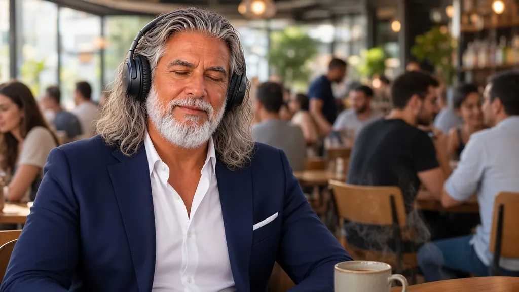 Jean-Philippe, casque sur les oreilles et yeux fermés, s'accorde une pause calme dans un café animé
