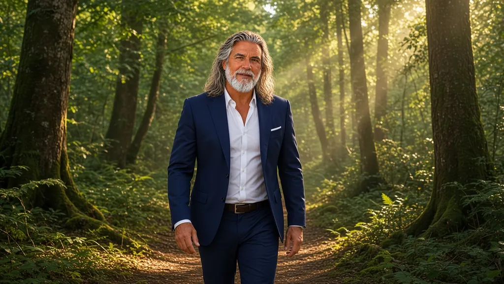 Jean-Philippe marche tranquillement sur un sentier, dans une forêt baignée de lumière