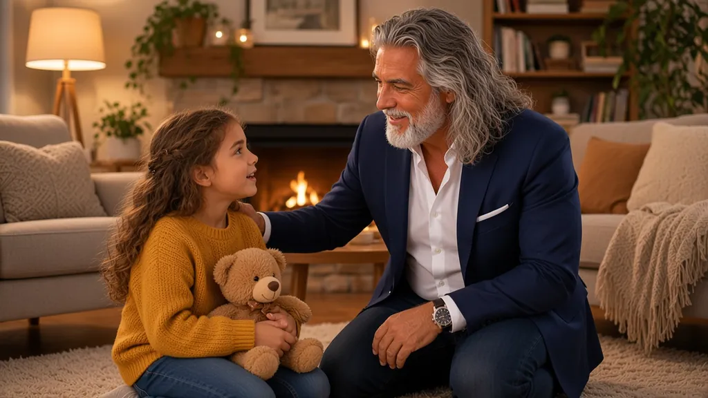 Jean-Philippe, accroupi près d'une cheminée, parle doucement à une petite fille qui tient son ours en peluche