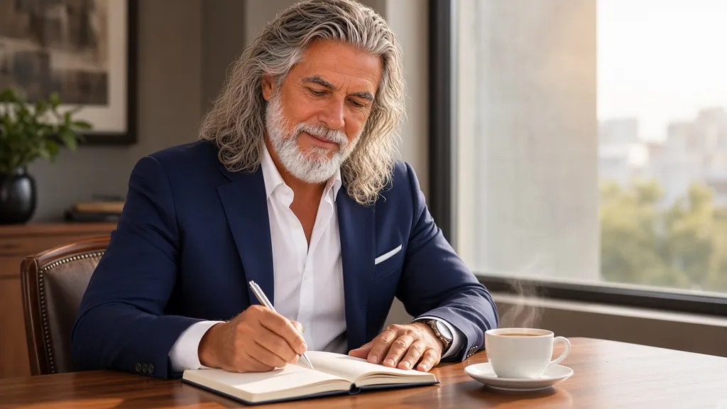 Jean-Philippe écrit dans un carnet à une table près d'une fenêtre, une tasse de café posée à côté de lui