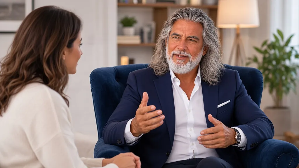 Jean-Philippe, assis dans un fauteuil, échange calmement avec une femme dans un salon lumineux