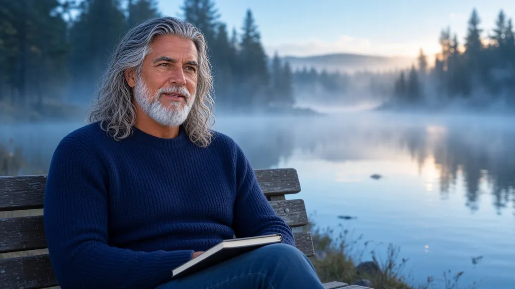 Jean-Philippe, assis sur un banc au bord d'un lac brumeux au lever du jour, un carnet à la main