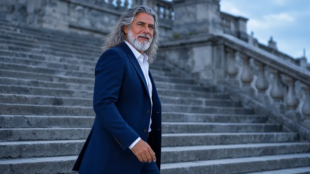 Jean-Philippe, en veste bleu marine, s'apprête à gravir un grand escalier de pierre en plein air