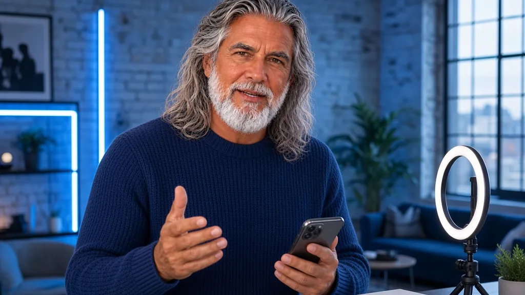 Jean-Philippe, en pull bleu marine, présente un smartphone dans un studio lumineux équipé d'un anneau lumineux