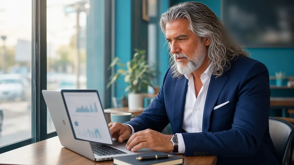 Jean-Philippe, en veste bleu marine, analyse des graphiques sur son ordinateur portable dans un café lumineux