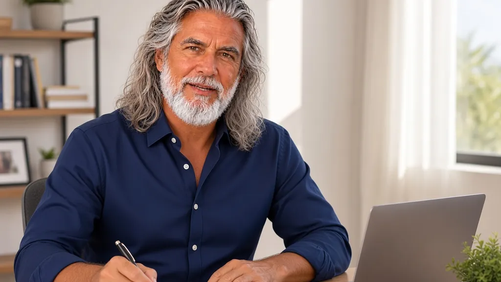 Jean-Philippe, en chemise bleu marine, organise sa semaine dans un carnet à côté de son ordinateur portable