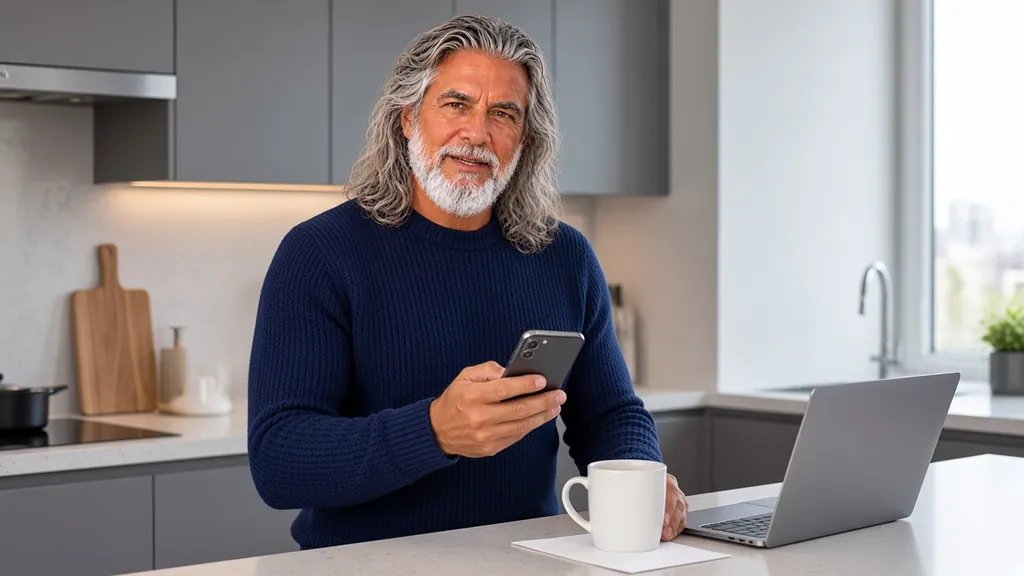 Jean-Philippe, en pull bleu marine, consulte son smartphone dans sa cuisine, une tasse et un ordinateur portable devant lui