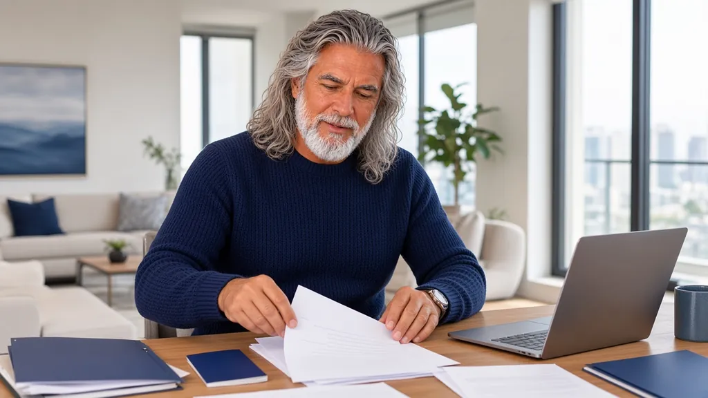 Jean-Philippe, en pull bleu marine, trie des papiers à son bureau devant un ordinateur portable