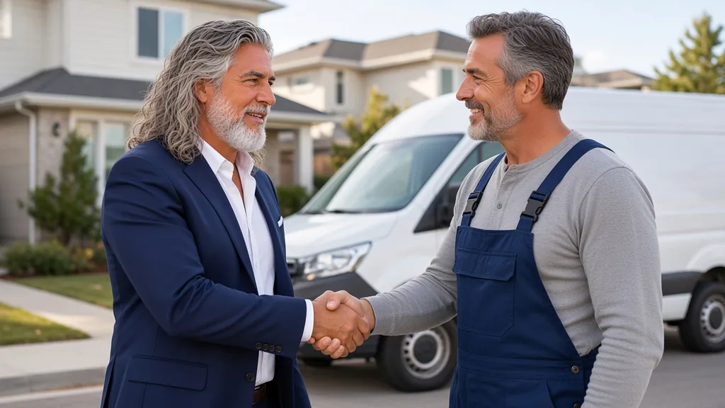 Jean-Philippe, en veste bleu marine, serre la main d'un artisan en salopette devant sa camionnette