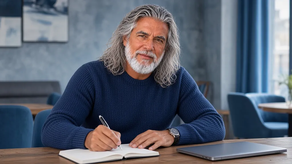 Jean-Philippe, en pull bleu marine, écrit dans un carnet à une table, un ordinateur portable fermé à côté de lui