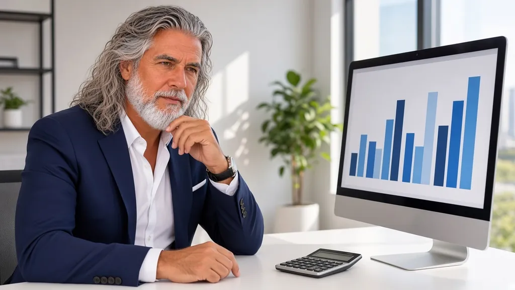 Jean-Philippe, en veste bleu marine, réfléchit devant un écran affichant un graphique, une calculatrice posée sur le bureau