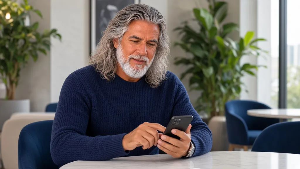 Jean-Philippe, en pull bleu marine, écrit un message sur son smartphone, assis à une table