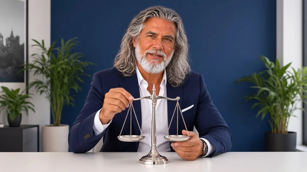 Jean-Philippe, en veste bleu marine, tient une balance à son bureau, symbole de l'équilibre entre prix et valeur