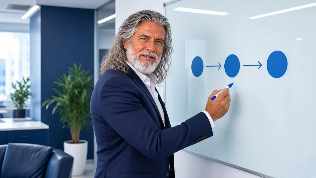 Jean-Philippe, en veste bleu marine, dessine au tableau trois cercles reliés par des flèches, de plus en plus grands