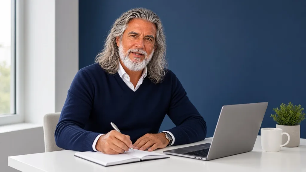 Jean-Philippe, en pull bleu marine, écrit dans un carnet à son bureau, à côté de son ordinateur