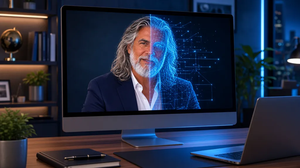 Avatar IA de Jean-Philippe affiché sur un écran, à moitié en fil de fer