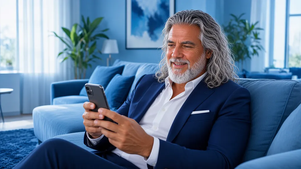 Jean-Philippe regardant une vidéo TikTok sur son téléphone, installé dans son salon