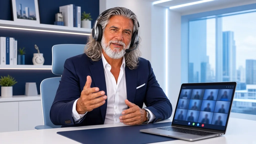 Jean-Philippe, en veste bleu marine, un casque sur les oreilles, anime une séance en ligne devant son ordinateur