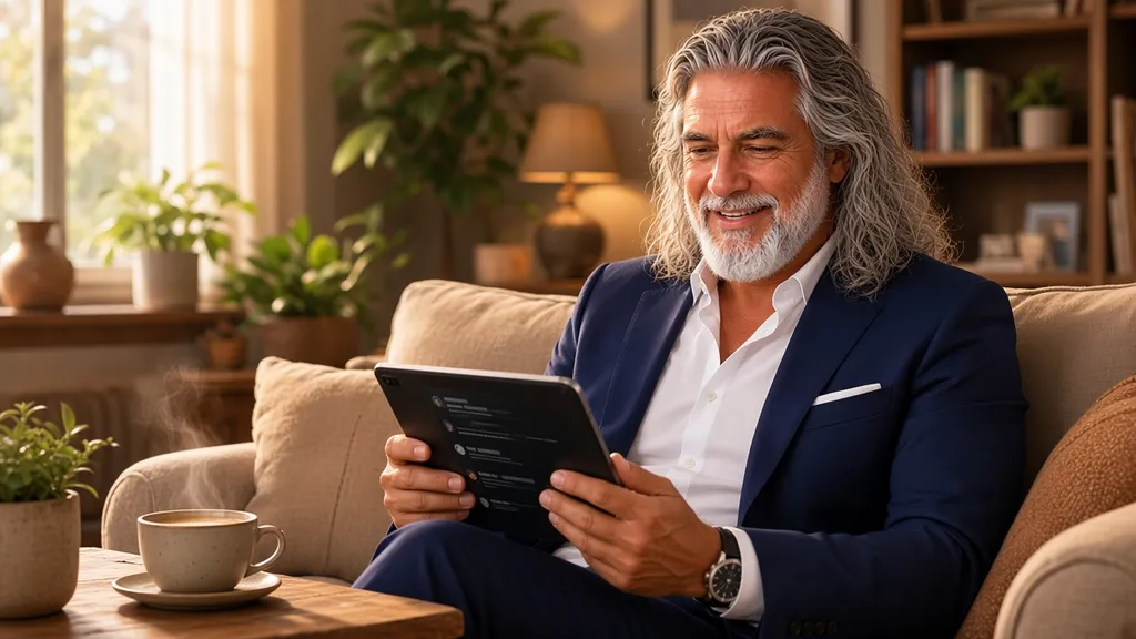 Jean-Philippe, en veste bleu marine, lit les commentaires sur sa tablette, installé dans son canapé avec un café