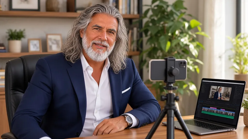 Jean-Philippe, en veste bleu marine, se filme avec son téléphone posé sur un petit trépied, à côté de son ordinateur