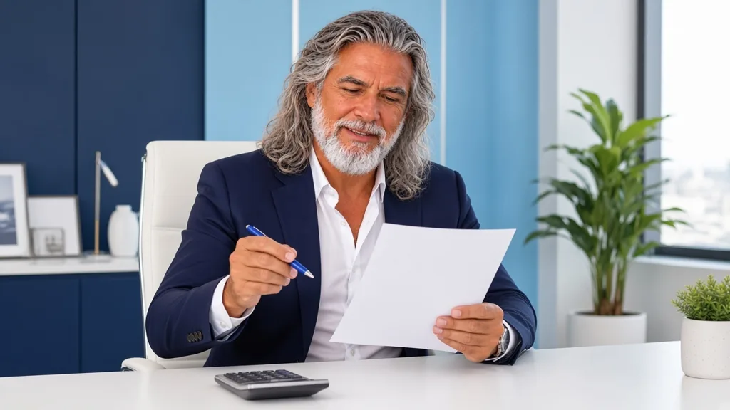 Jean-Philippe, en veste bleu marine, relit une feuille de calcul à son bureau, une calculatrice à portée de main