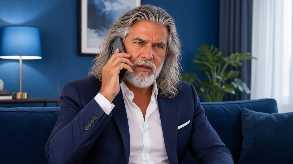 Jean-Philippe, en veste bleu marine, au téléphone dans son salon, l'air méfiant face à un appel inattendu