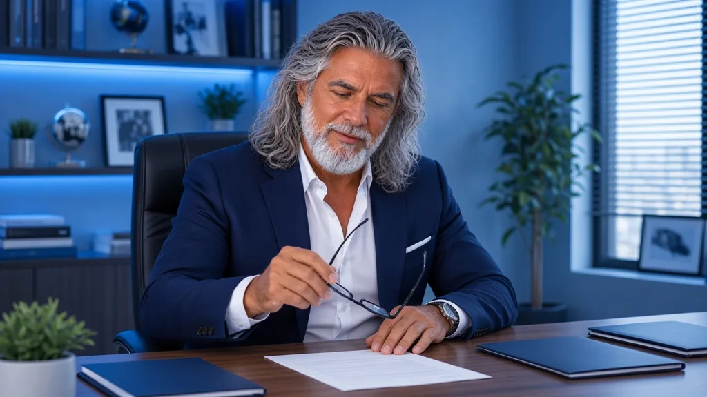 Jean-Philippe, à son bureau, vérifie sur son ordinateur portable les registres officiels avant un placement