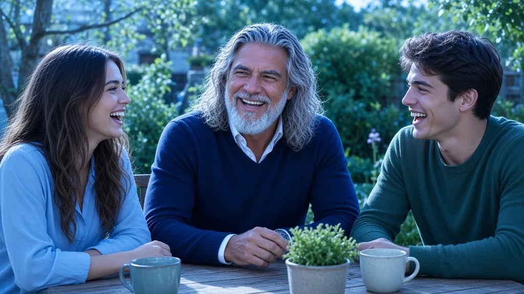 Jean-Philippe partage un moment souriant avec deux de ses petits-enfants autour d'une table de jardin