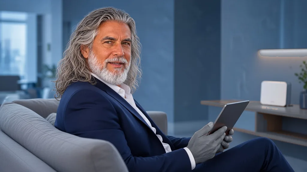 Jean-Philippe, assis sur son canapé, consulte sa tablette près de sa box internet
