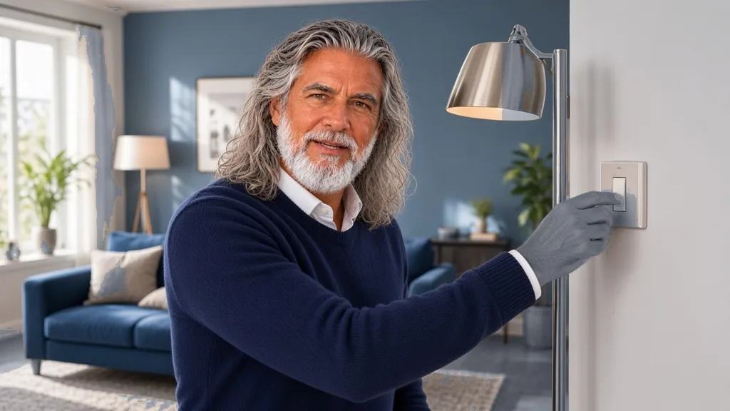Jean-Philippe, en pull bleu marine, règle l'éclairage de son salon en pensant à sa consommation d'électricité