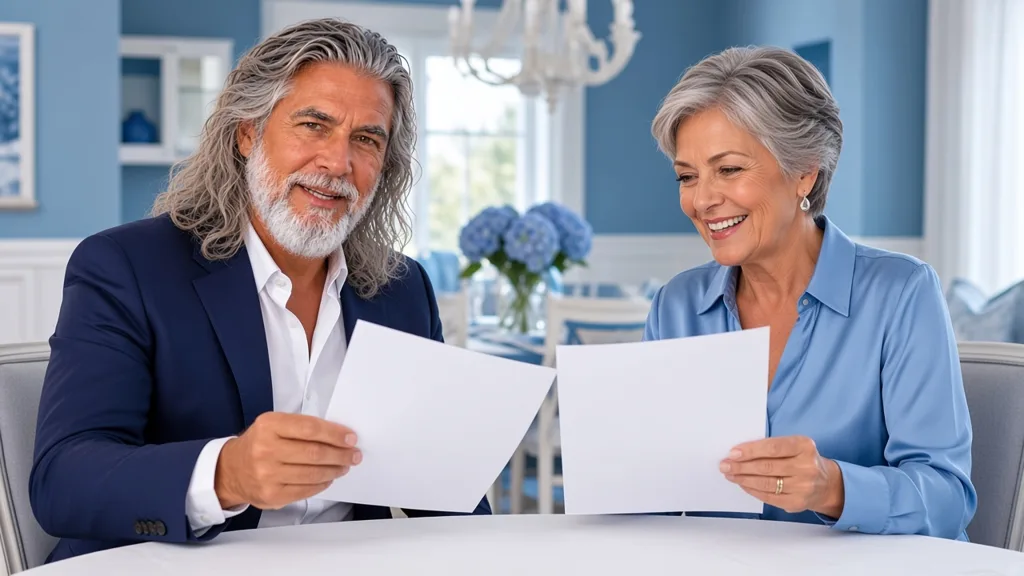 Jean-Philippe et une femme de son âge relisent ensemble leurs contrats et factures à la table du salon