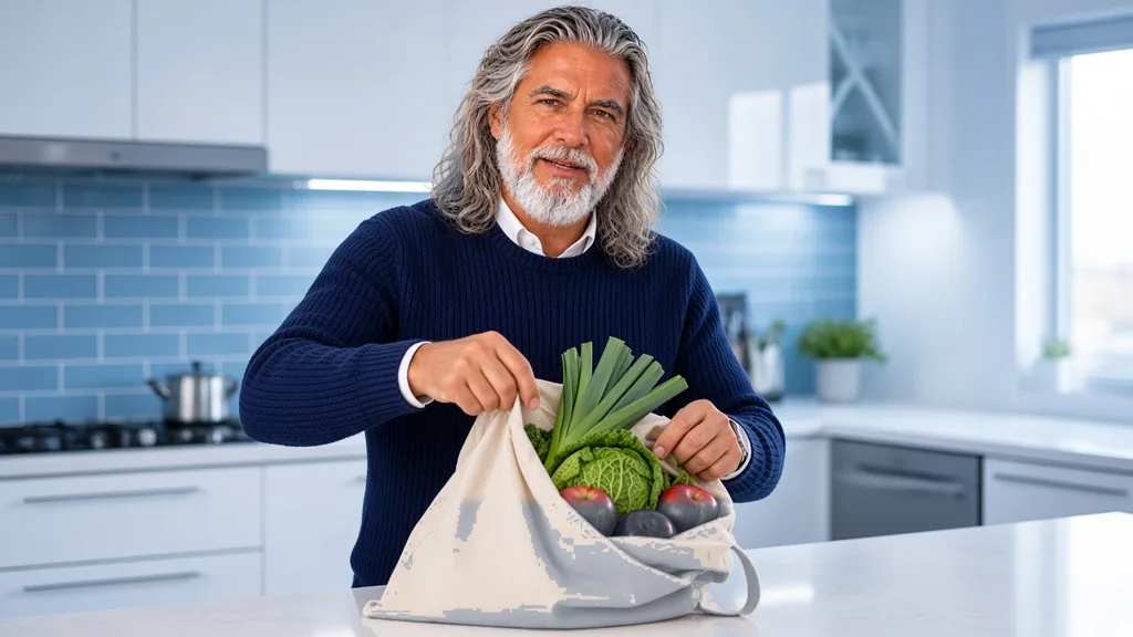 Jean-Philippe, dans sa cuisine, range des légumes de saison sortis d'un sac de courses