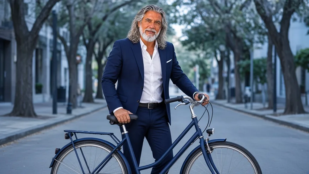 Jean-Philippe, en veste bleu marine, avec son vélo dans une rue arborée