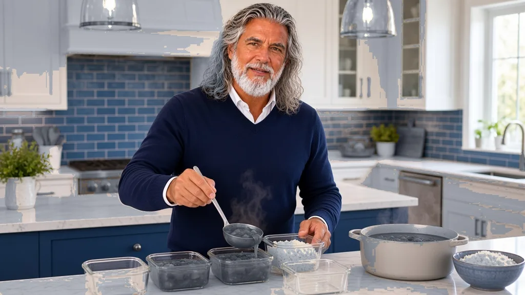 Jean-Philippe, dans sa cuisine, répartit un plat maison dans des boîtes pour la semaine