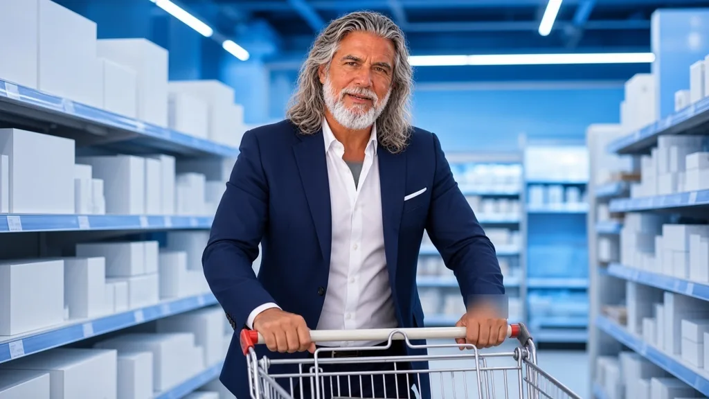 Jean-Philippe, en veste bleu marine, pousse un chariot dans un rayon de supermarché