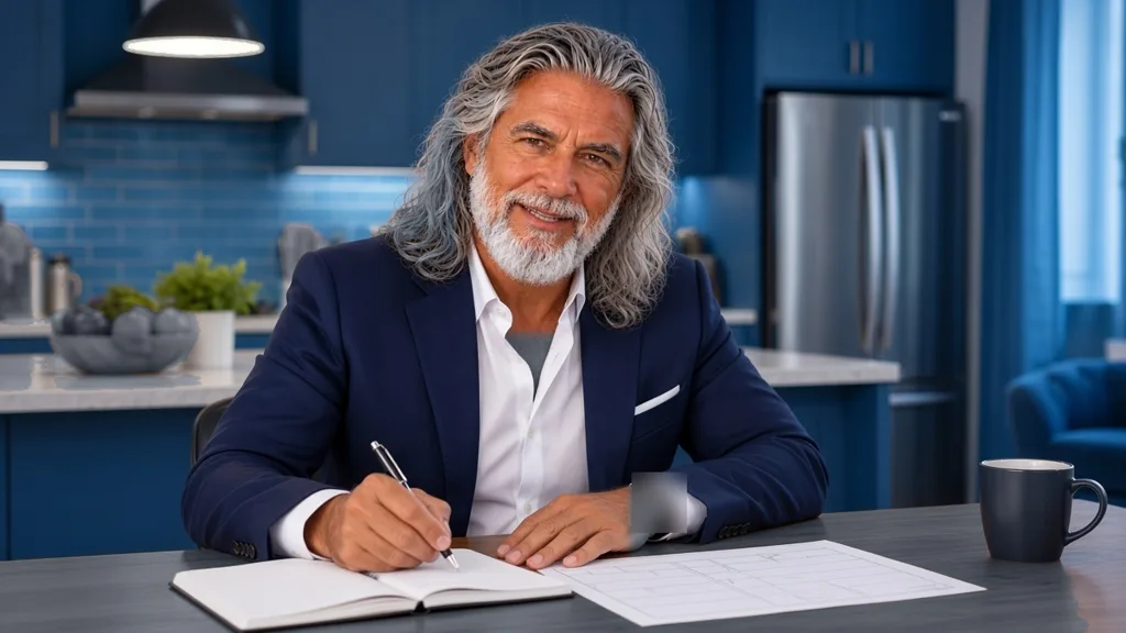 Jean-Philippe, à la table de sa cuisine, écrit les menus de la semaine et sa liste de courses