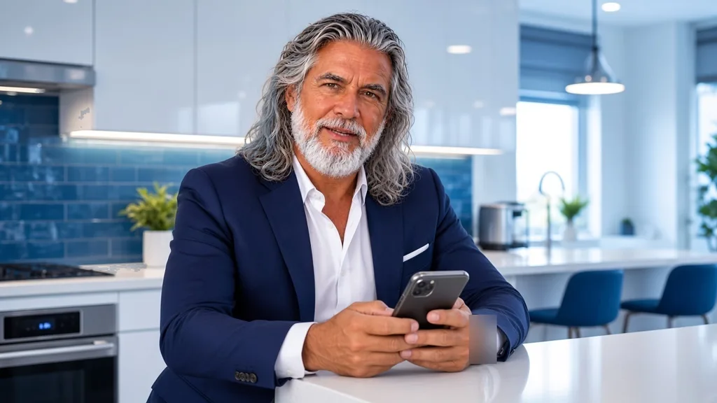 Jean-Philippe, dans sa cuisine, vérifie sur son téléphone les abonnements pris dans ses applications