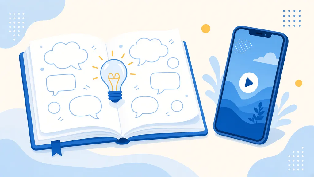 Illustration d'un carnet ouvert rempli de bulles d'idées et d'un téléphone affichant une vidéo