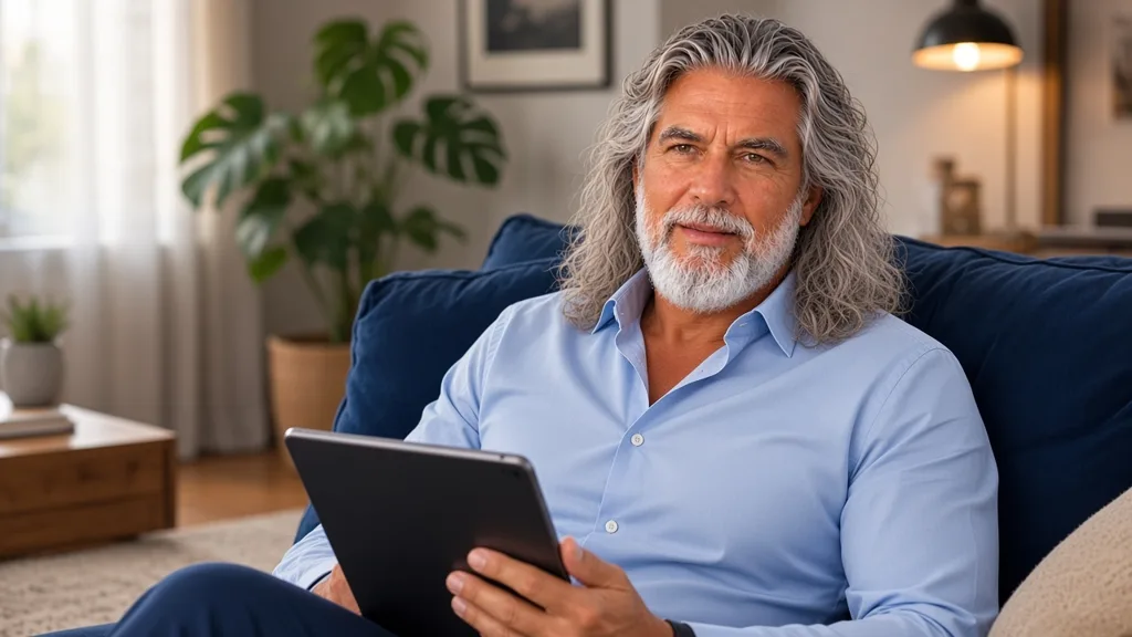 Jean-Philippe, sur son canapé, consulte ses livrets d'épargne sur une tablette