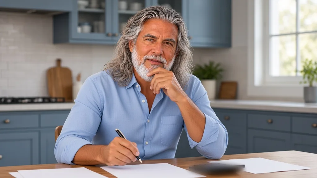 Jean-Philippe, à la table de sa cuisine, calcule ses dépenses essentielles avec ses relevés